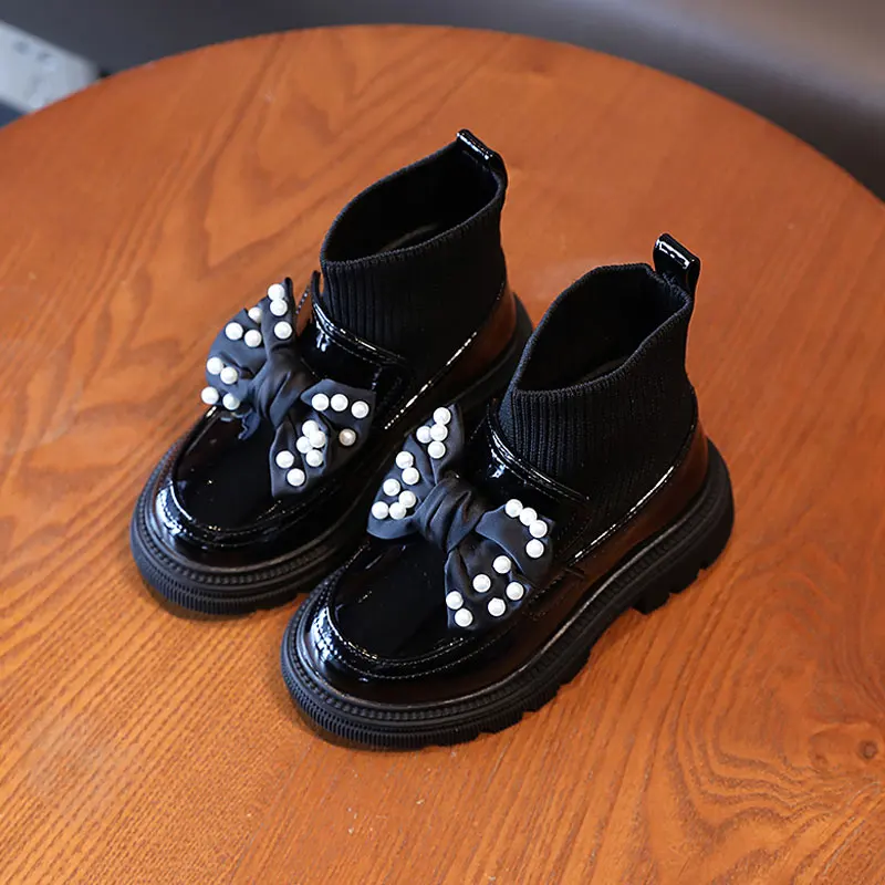Fashion Kids Slip-on Shoes Girl Knit Ankle Patent Leather Boots Pearl Bowknot 2021 Child School Uniform Dress Thick Bottom Shoes enlarge