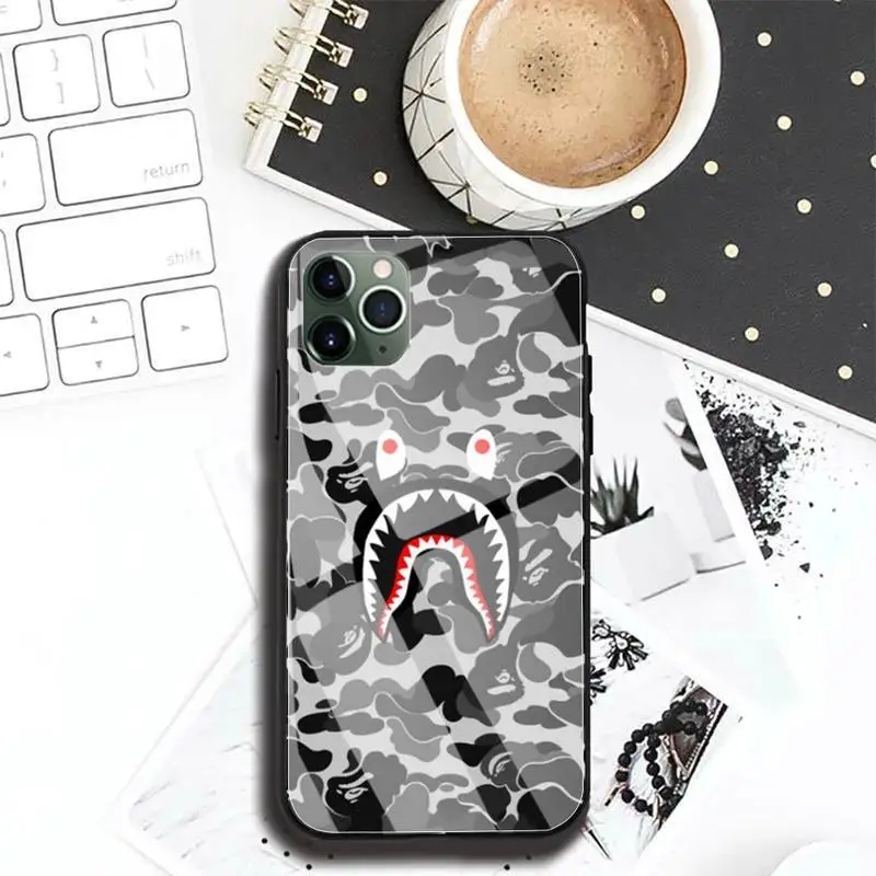 

Bape camouflage shark skin Phone Case For Iphone 11 Pro MAX XR X 7 8Plus SE2020 DIY Shockproof Glass Soft Silicone Edge
