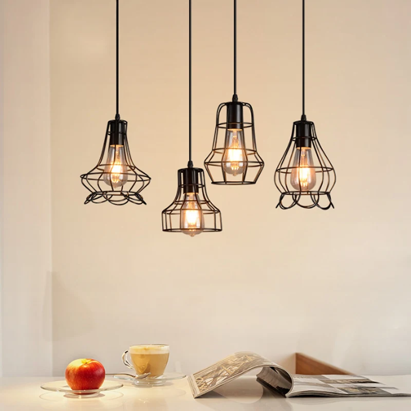 Lámpara de cocina suspendida de 90-260V, luces LED colgantes industriales de jaula de hierro nórdico, decoración moderna para restaurante y dormitorio, iluminación interior