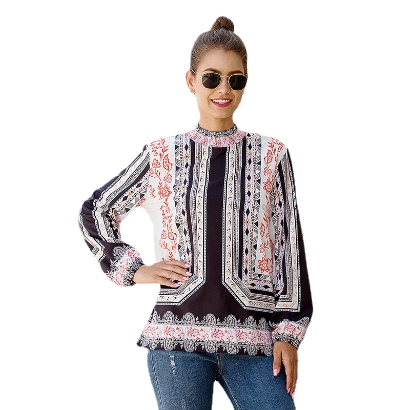 

Women's Wear Popular Autumn Loose Long Sleeve Stand Collar Printed Shirt Blouses