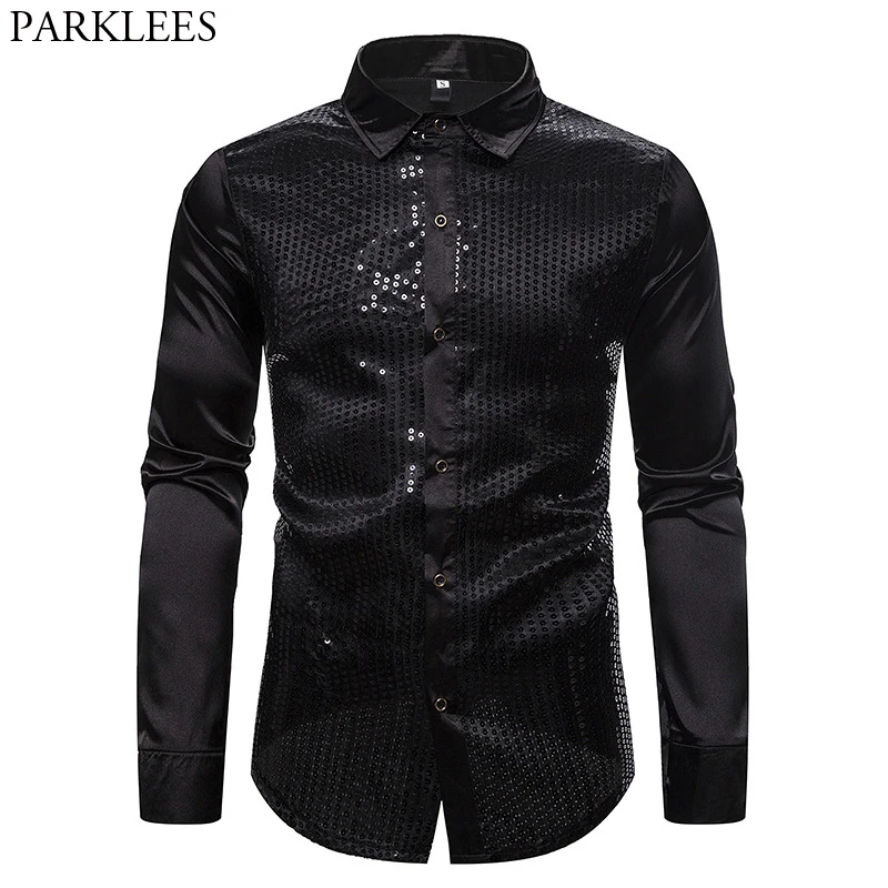 Рубашка мужская с блестками шелковая Атласная блестящая рубашка длинным рукавом