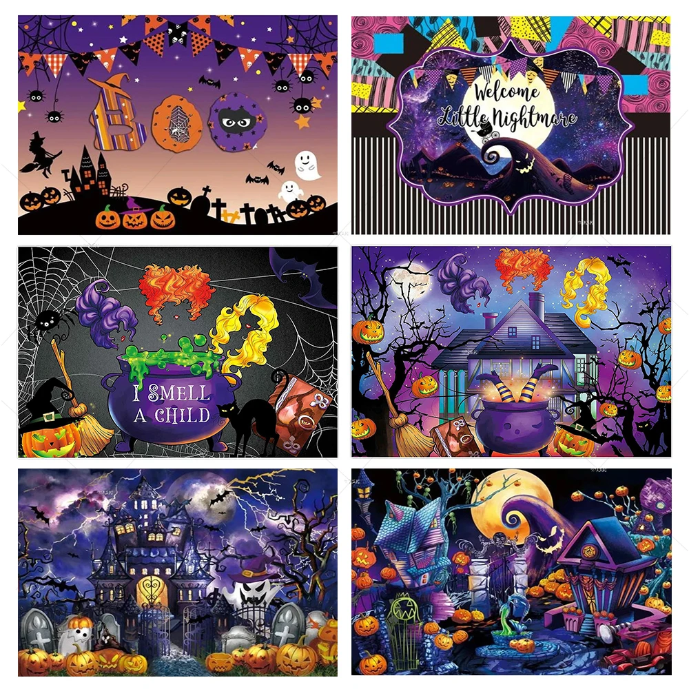 

Halloween Party Pumpkin Lanterns Background Night Magic Castle Trick or Treat Banner Bats Witch Ghost Spider Web Decor Backdrop