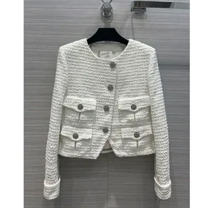 High End 22 Spring Runway Women Solid Tweed Jacket Fashion Long Sleeve O Neck Pocket Cropped Jacket Office Lady Female Outwear