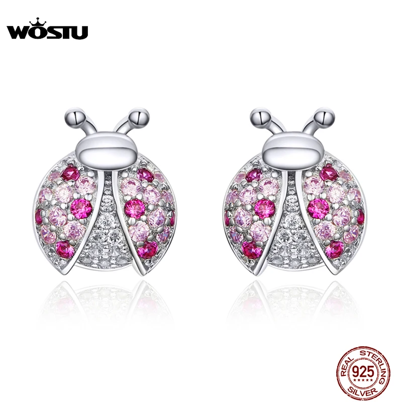 

WOSTU 100% 925 Sterling Silver Ladybug Pink Zircon Stud Earrings Silver 925 Jewelry For Women Wedding Earrings Jewelry CQE715