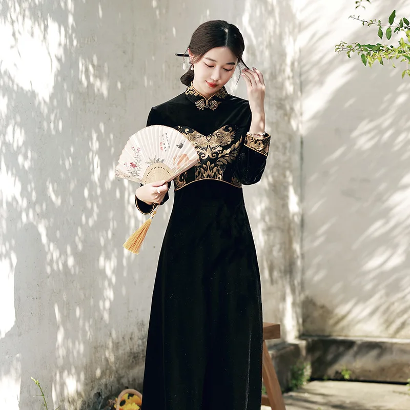 

Ципао женское велюровое с длинным рукавом, в китайском стиле