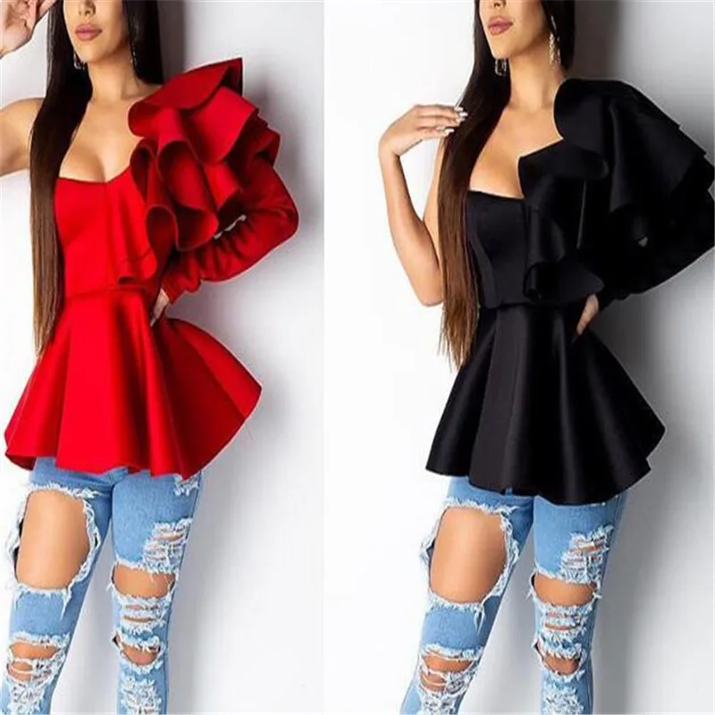 Женская блузка на Одно Плечо Топы пикантные Пеплум с оборками Тонкий вечерние
