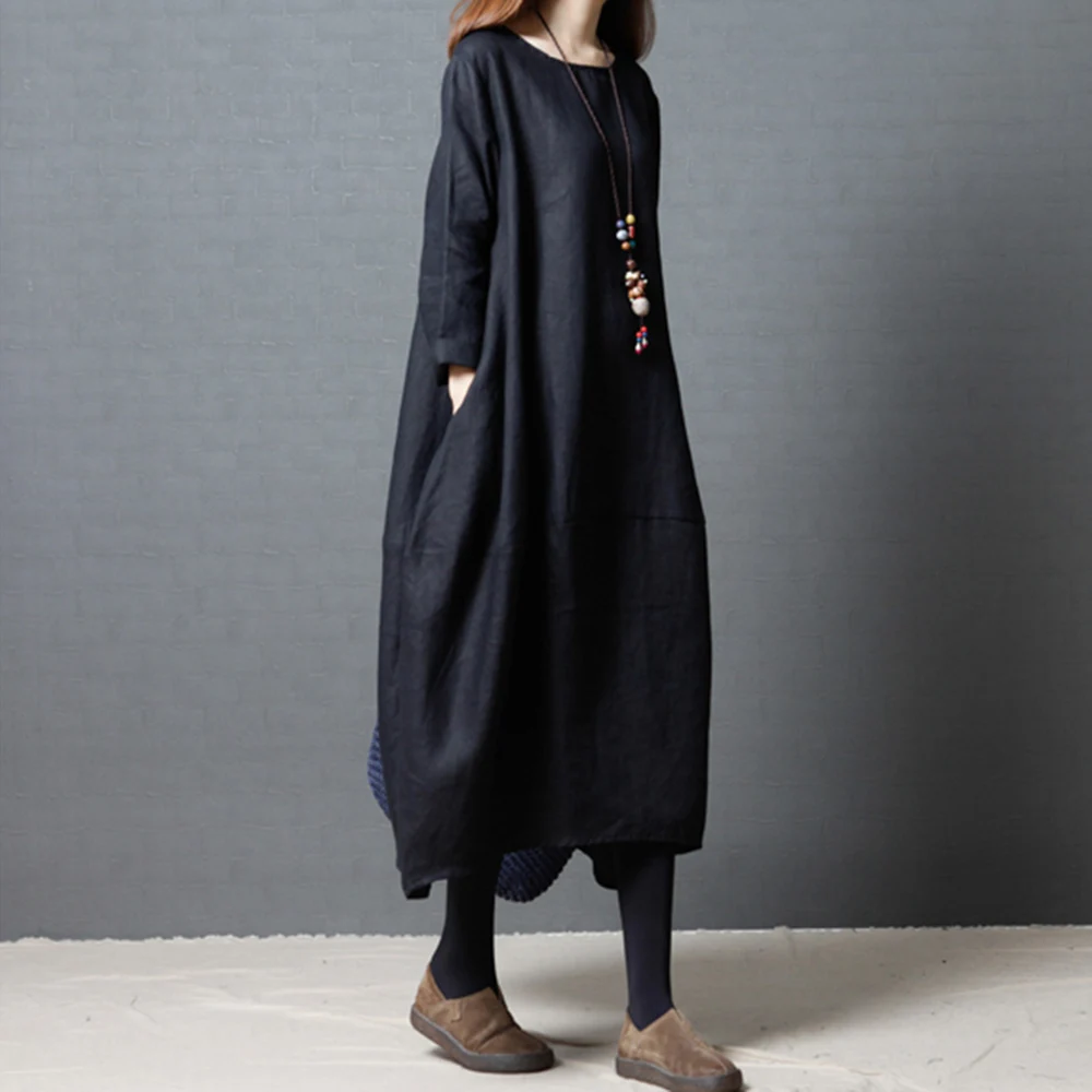 Хлопковые льняные миди платья в японском стиле свободного размера плюс