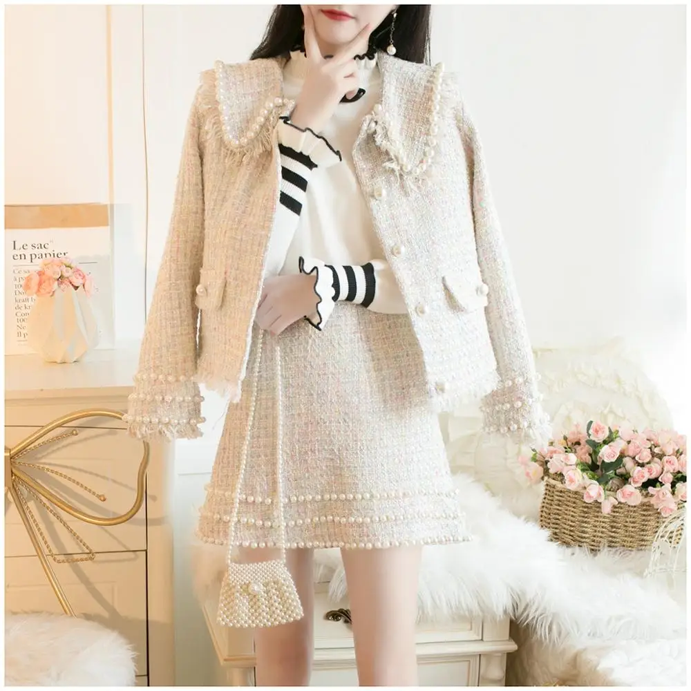 Милые наряды для женщин Осень зима корейская мода kawaii бисер Питер Пэн воротник