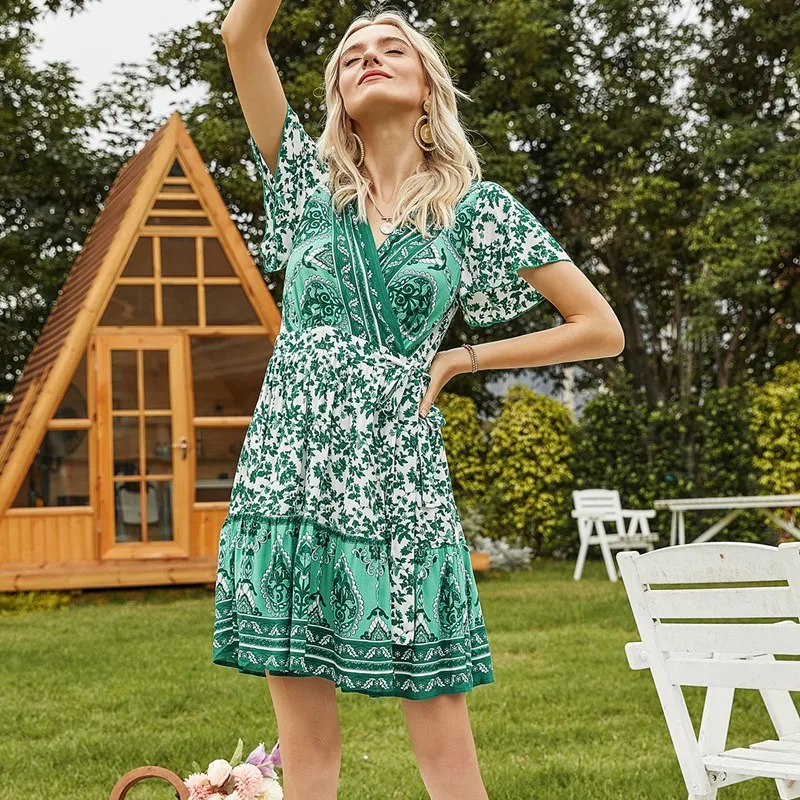 Новое Женское платье с цветочным принтом и v-образным вырезом эластичная резинка