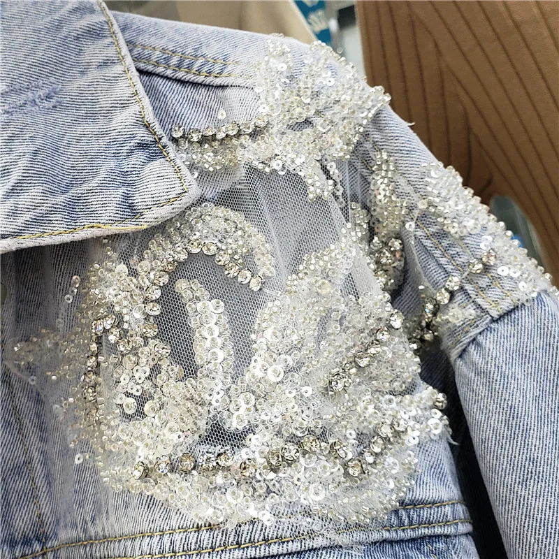 

Sequined Embroidered Hollow Out Diamond Denim Coat for Women 2021 Autumn New Fashion Loose Denim Jacket Female