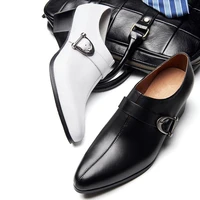 white genuine leather wedding dress men shoes high heel pointed toe buckle business office work shoes mens height increase shoes