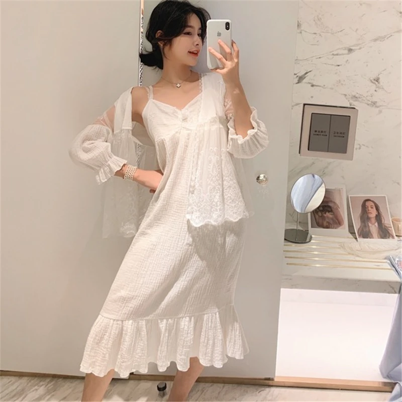 

Pajama two-piece suit court white pajamas spring summer new cute sweet beauty lace princess strap nightdress nightgown пижама