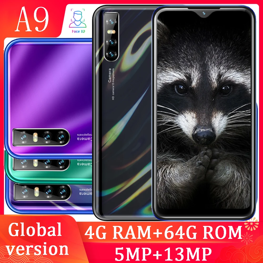 

A9 Water Drop Screen smartphones 4GB RAM 64GB ROM Quad Core Face ID Unlocked Android Mobile phones Celulares 5MP+13MP Global