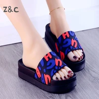 slippers for womens home wear 2022 summer new letter thick bottom sandals ersatile medium heel sequins fashion girls shoes
