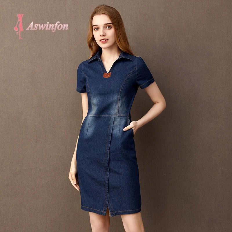 Женское джинсовое платье миди Aswinfon облегающее с коротким рукавом и отложным