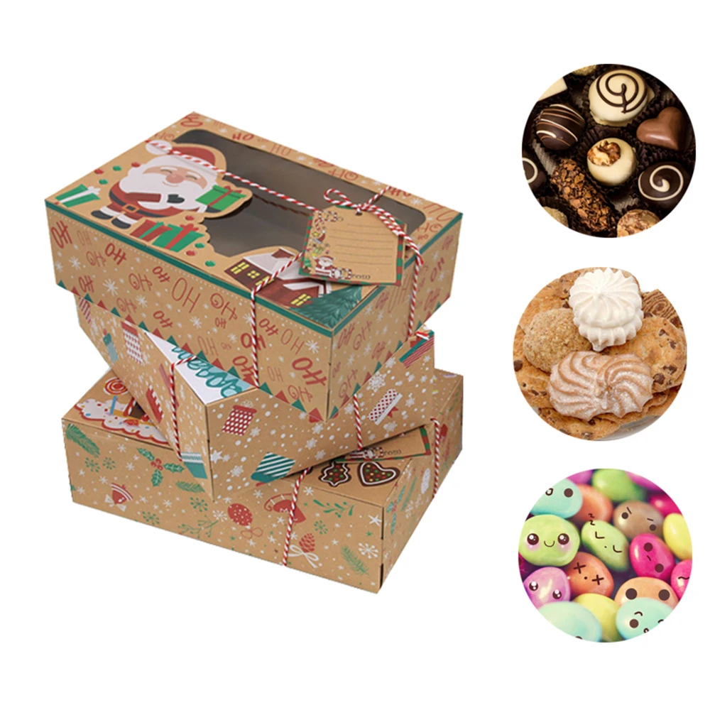 

New Year Christmas Cookie Boxes Kraft Paper Portable Party Favor Holders Candy Box Gift Box With Snowman Santa Claus Gift Card