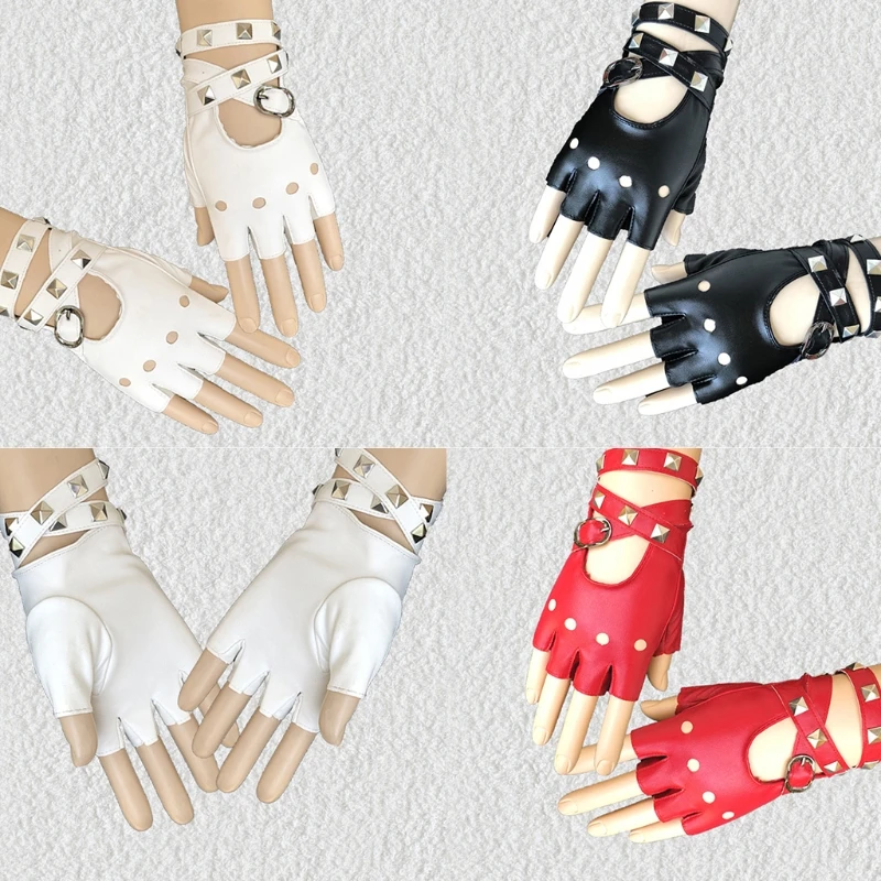 

Women Punk Fingerless Gloves Rivets Wristband Driving Mittens Free Size Belt Adjust Dance Gloves Halloween Accessory X5XA