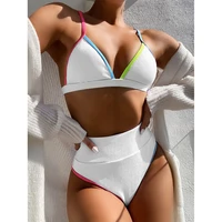 2021 new high waist bikini women v neck swimwear push up swimsuit female patchwork bathing suits summer beach wear swimming suit