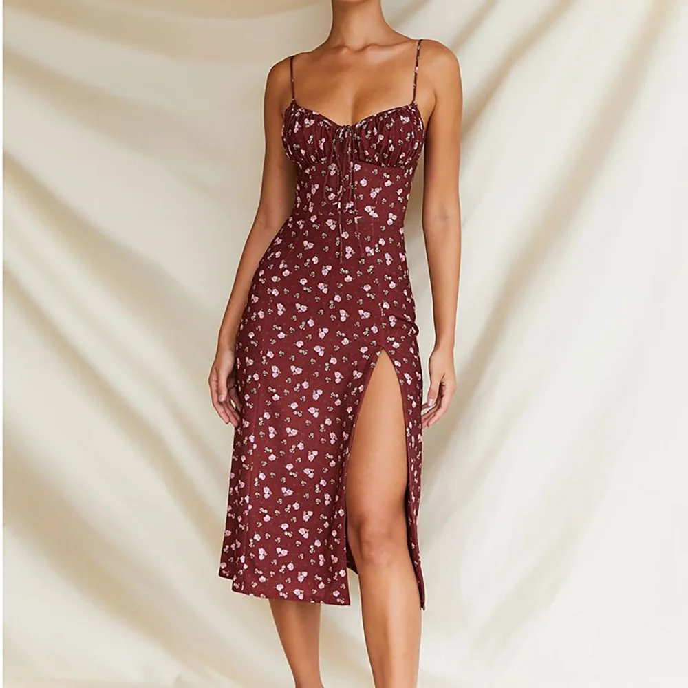 

New Floral Halter Slim Sling Bag Hip Midi Dress Prairie Chic Beach Style Casual Streetwear Women Fashion Sleeveless Clothes