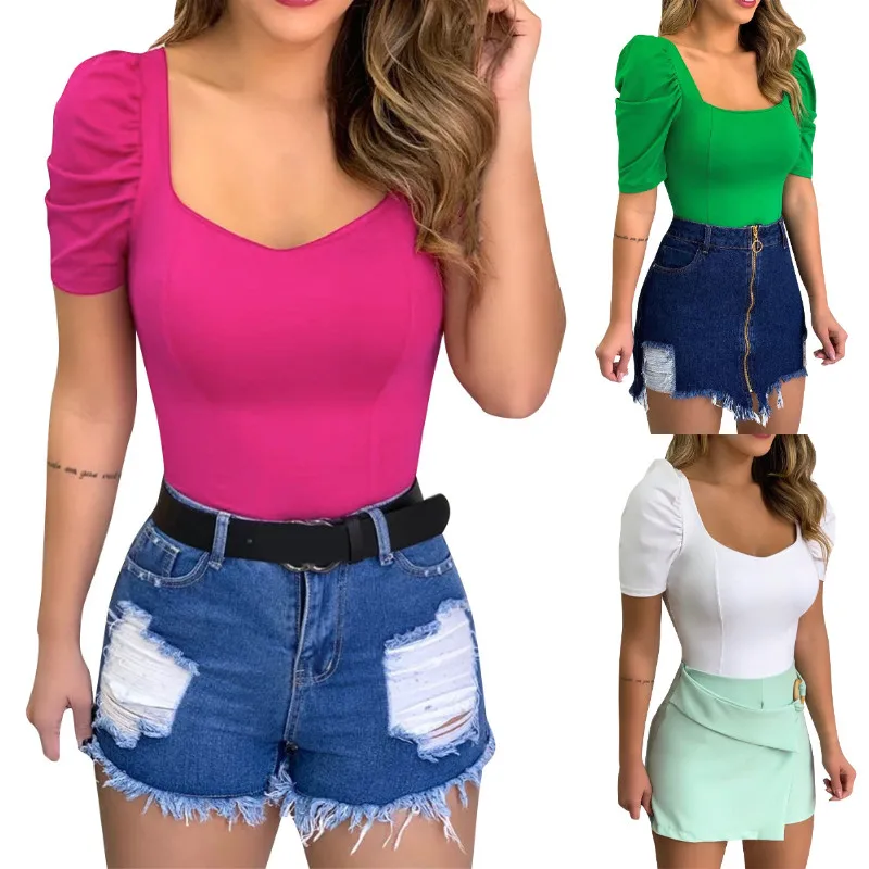 

Sexy Square Collar Womens Blouses and Tops 2020 Spring Summer Pleated Short Sleeve Shirt Ladies Solid Fashion Streetwear Blouse