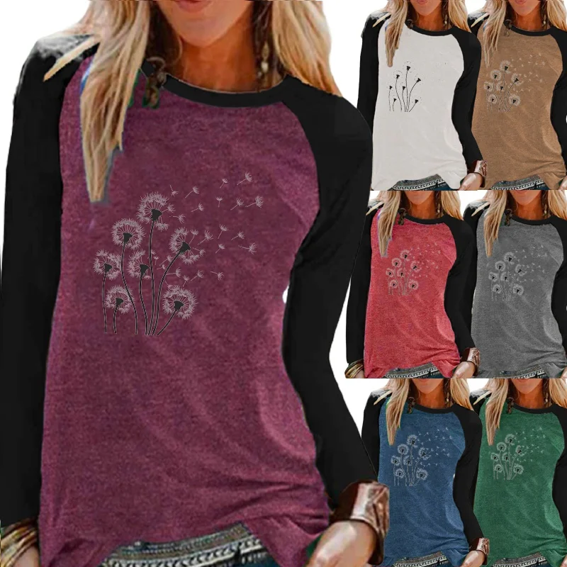 

Women's Fashion Casual Round Neck Loose Dandelion Print Long-sleeved Graphic Shirt Raglan Loog Sleeves Plus Size T Shirt XS-5XL