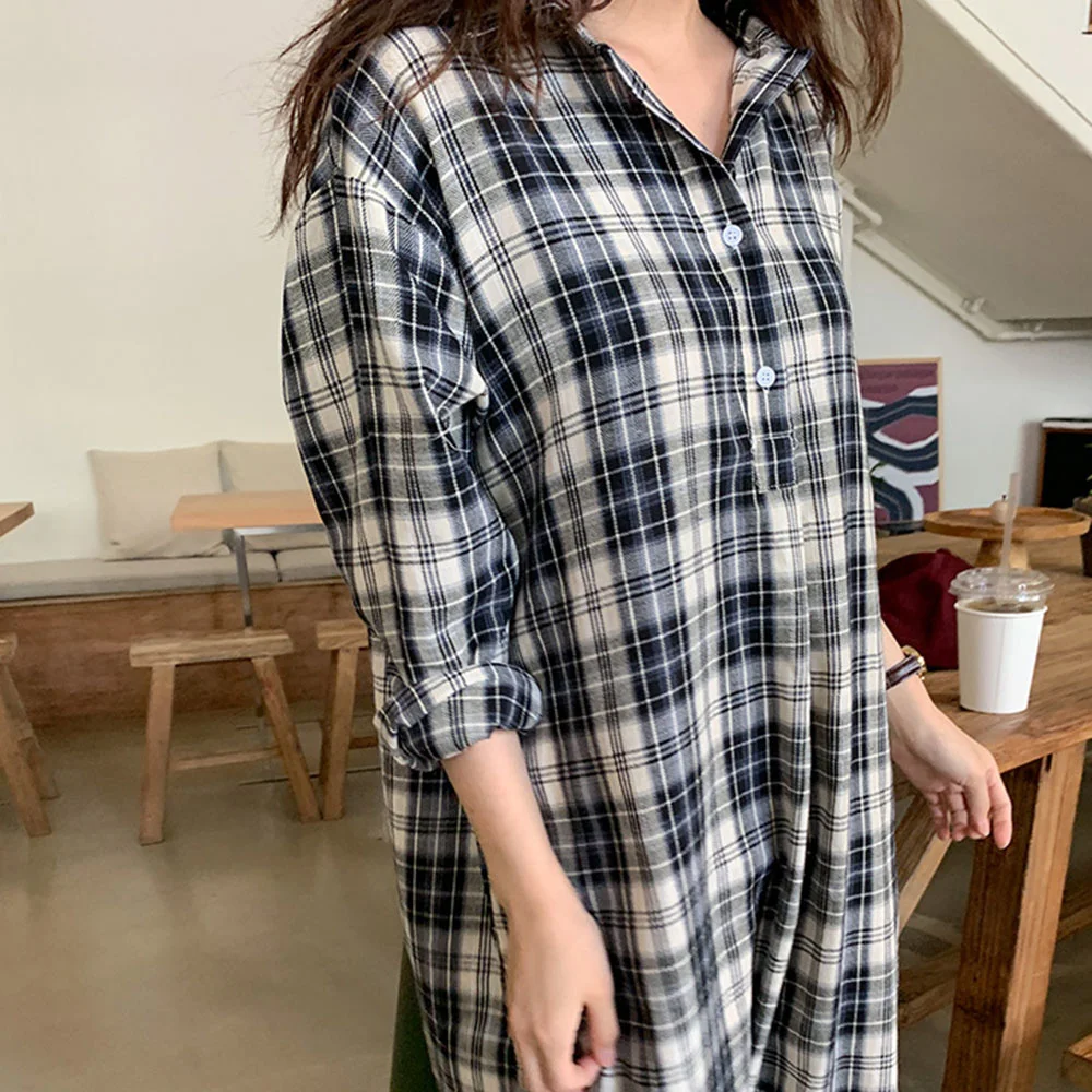 

Japan Style Casual Korean Fashion 2021 Summer Women's Dress Loose Simple Lattice Color Contrast Lapel Long Sleeve