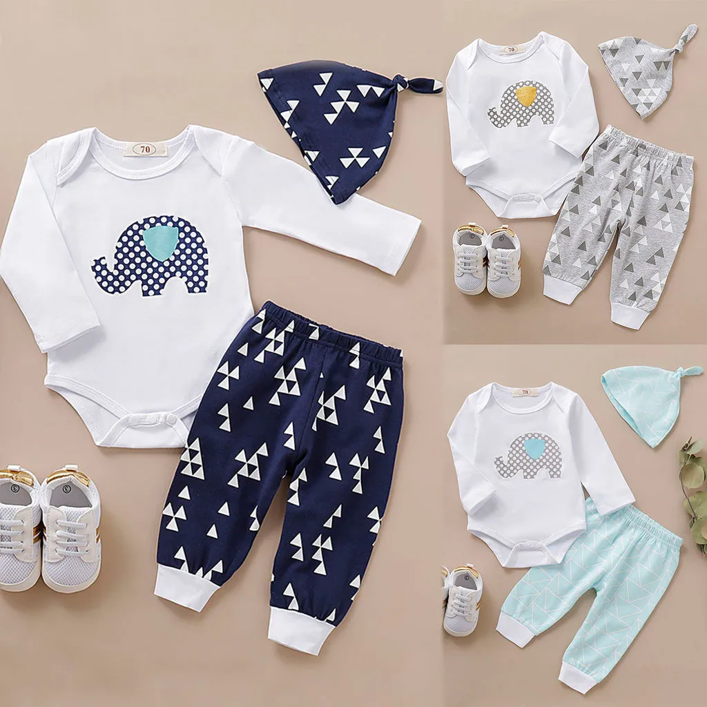 Kids Winter Clothes Infant Baby Boys&ampGirls Cartoon Elephant Print Long Sleeve Romper +Pants+Hat Outfits Roupa Infantil 3M-18M | Детская