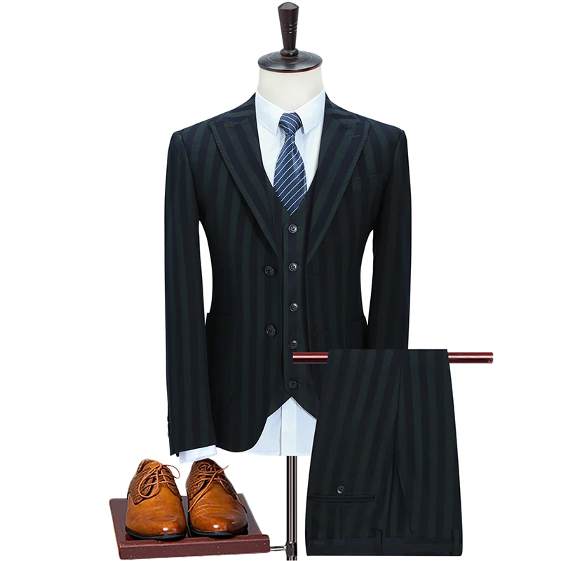 

(Jacket+Pants+Vest) Mens Suits with Pants Stripe Men's Blazer Slim Fit Wedding Male Groom Tuxedos suit Prom costume homme