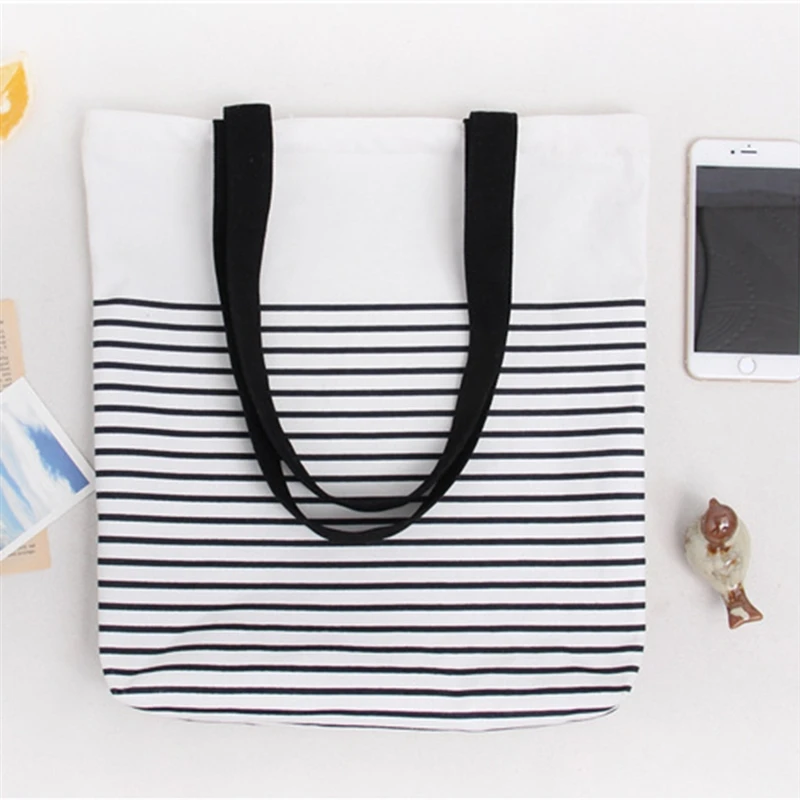 

Cotton Stripe Canvas Shopping Tote Shoulder Carrying Bag Eco Reusable Bag Zippered Small Shopping Bag