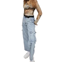 women baggy cargo jeans pockets patchwork high waist jeans women streetwear straight leg causal new femme blue 100 cotton pants