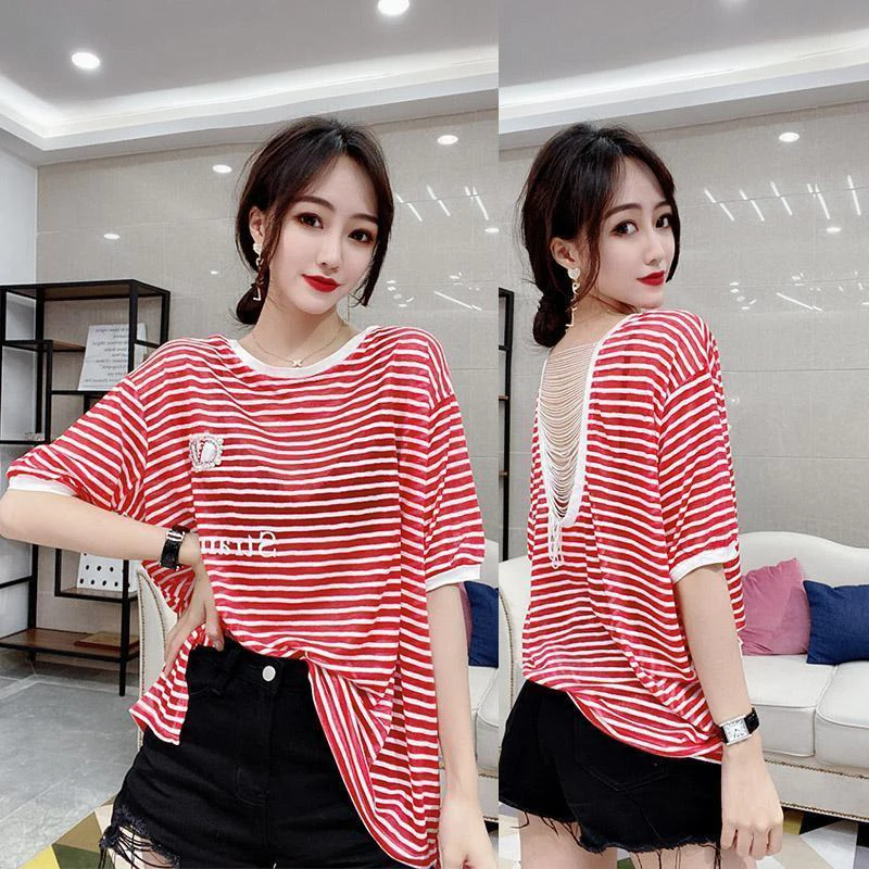 

Plus Size Women Spring Summer Style Blouses Shirts Lady Casual Backless Striped printed Blusas Tops DF3811