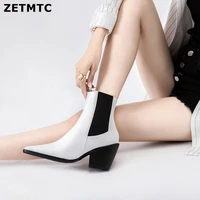 autumn ankle boots women pu leather square high heels western boots pointed toe zipper fashion winter short boots woman shoes