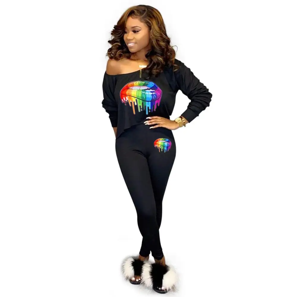 Brand fashion colorful lip print sexy women set lady autumn winter long sleeve 2 pieces outfits for DA5100 |