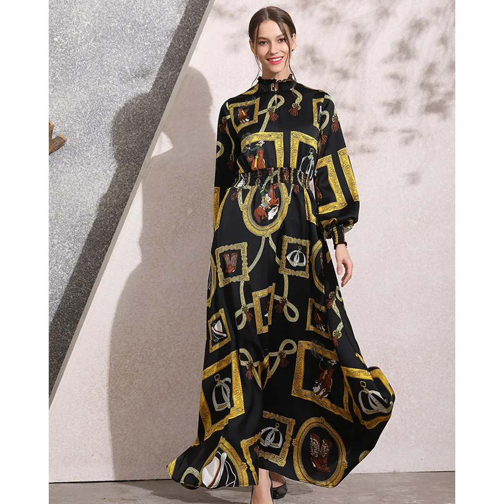 long abaya dress Casual Muslim women Fashion New Simple Retro Print Slim Elastic Waist Silk Dress Long W905 | Тематическая одежда