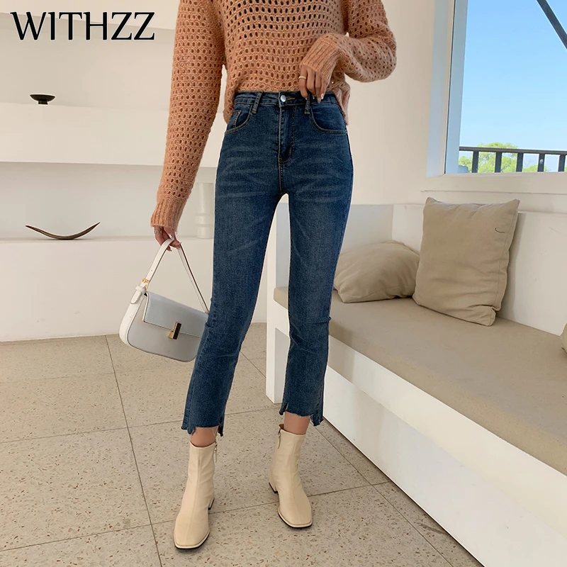 

WITHZZ Spring Autumn Female High-waist Blue Denim Slim Pencil Pants Women Jeans