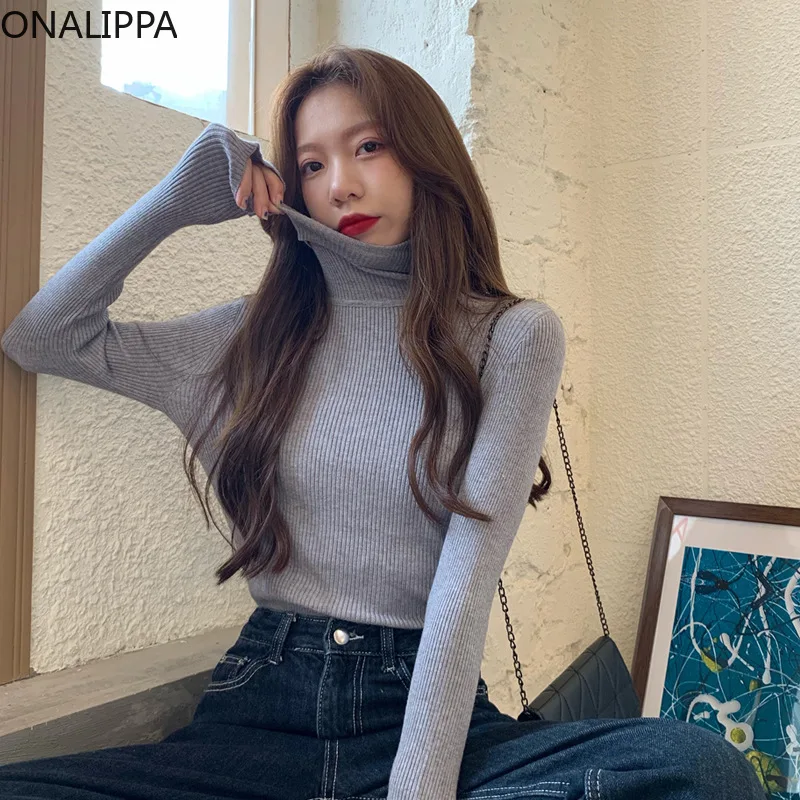 

Женский пуловер в стиле ретро Onalippa, яркий Однотонный свитер с длинным рукавом и высоким воротником в стиле ретро, Осень-зима 2021