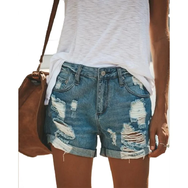 

2021 New Arrival Summer Style Female Fashion Sexy Summer Ripped Hole Solid High Waist Hot Night Club Denim Stright Shorts