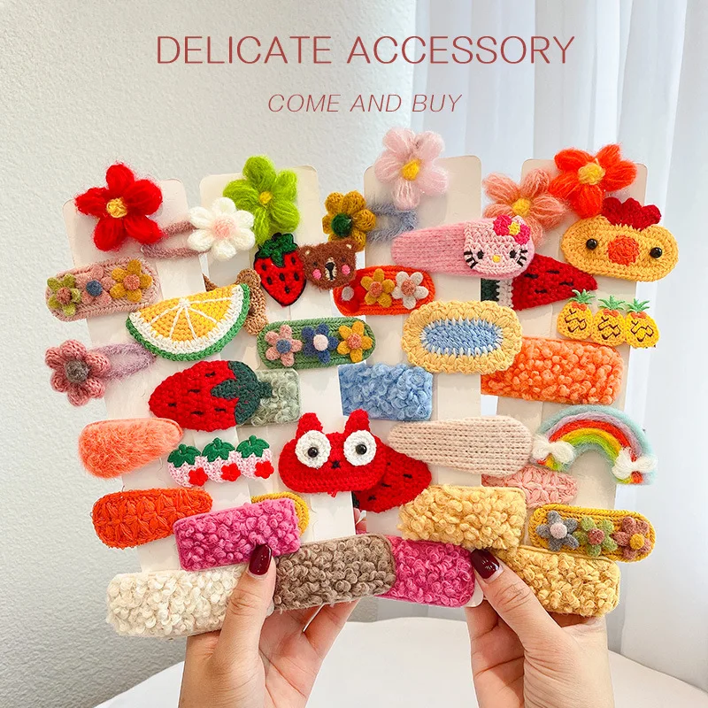 

Fashion Children Cute Colors Knit Cartoon Fruit Bow Flower Ornament Hair Clips Baby Girls Sweet Hairpins Kids Hair Accessories