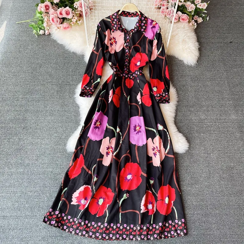 

Turn-Down Collar Women Dress Summer High Quality Luxury Print Long Sleeve Streetwear Fashion Elegant Maxi Party Vestidos