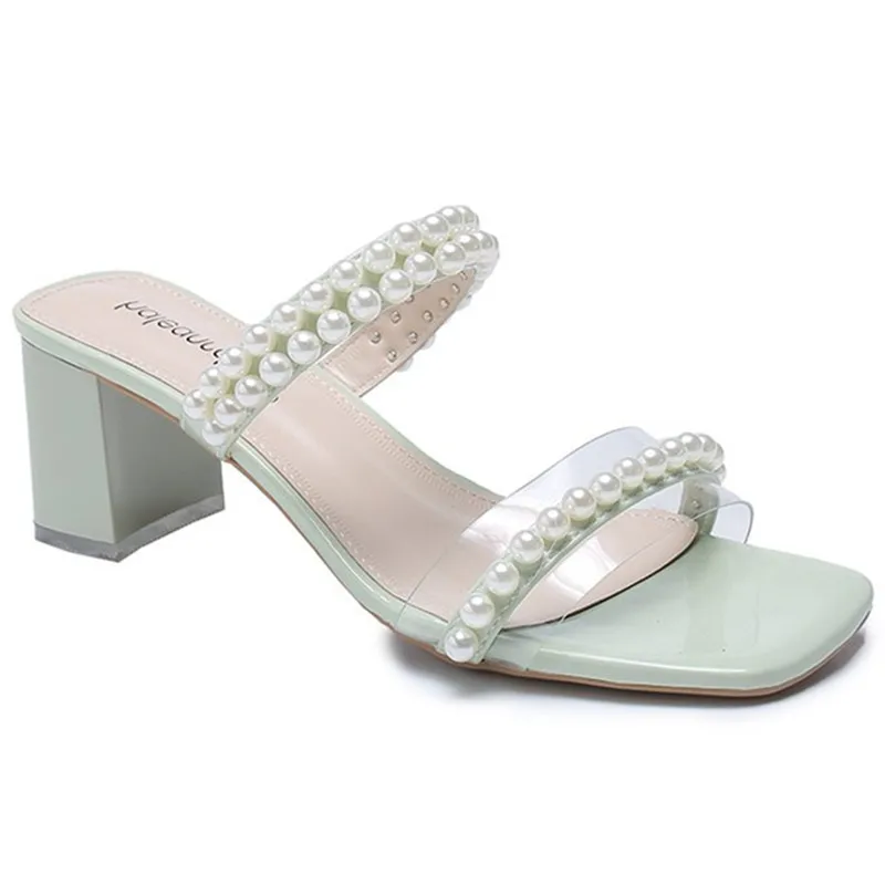 

Med Slippers Casual Summer Women's Shoes Square heel Transparent Heel Pantofle String Bead Heeled Mules Slides Luxury Block 2021