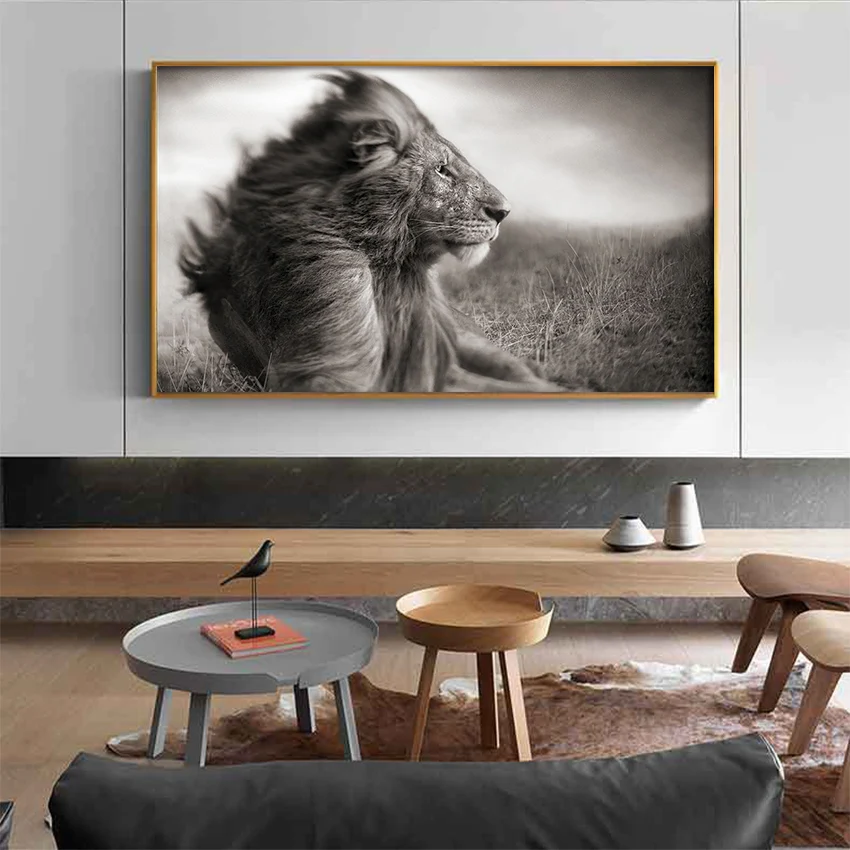 Холст Зебра с диким львом Современная декоративная картина черно белый постер
