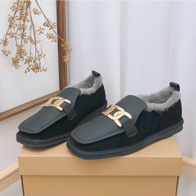 

2021 Winter Women's Shoes Genuine Leather Metal Decoration Square Toe Flats Retro Style Comfortable Warmth Wool Casual Shoes