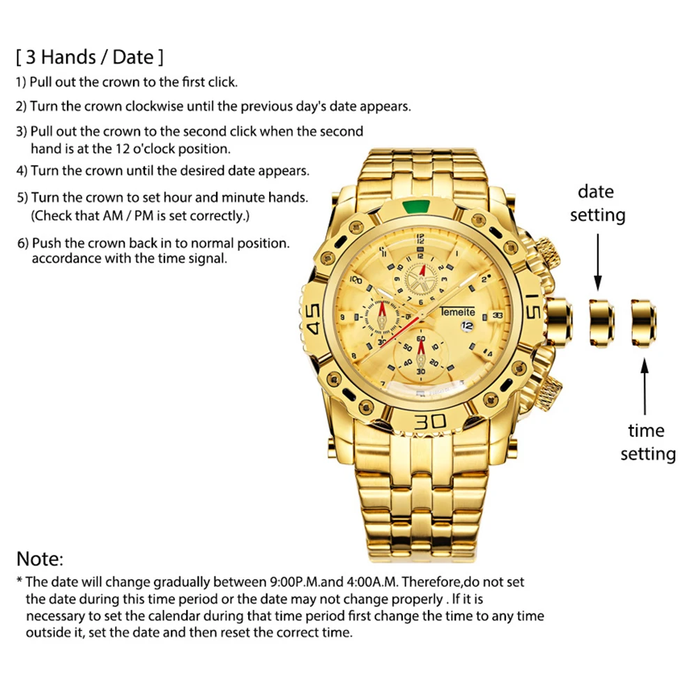 Часы наручные Temeite Мужские кварцевые брендовые Роскошные деловые золотистые в