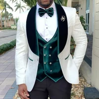 Custom Made Men Suits White/Green/Black Groom Tuxedos Shawl Lapel Groomsmen 3 Pieces Set (Jacket + Pants + Vest + Bow Tie) D409