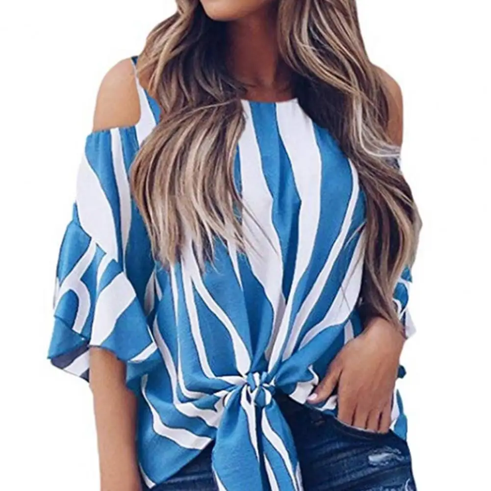 

Ladies Top Sexy Top Off Shoulder Chiffon Ruffle Top Half Sleeve Round Neck Striped Shirt Ruffle Tunic Short Top Summer Top