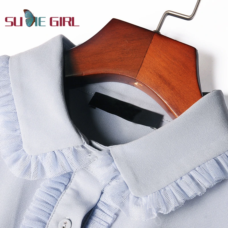 

SUDIE Girl Fresh mid-length stitching mesh pleated lapel short-sleeve solid color dress summer simple casual style