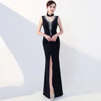 Black Beads V-Neck Evening Dress Simple Empire Sleeveless Mermaid Pleat Floor-length Plus size Women Formal Party Dresses C1287