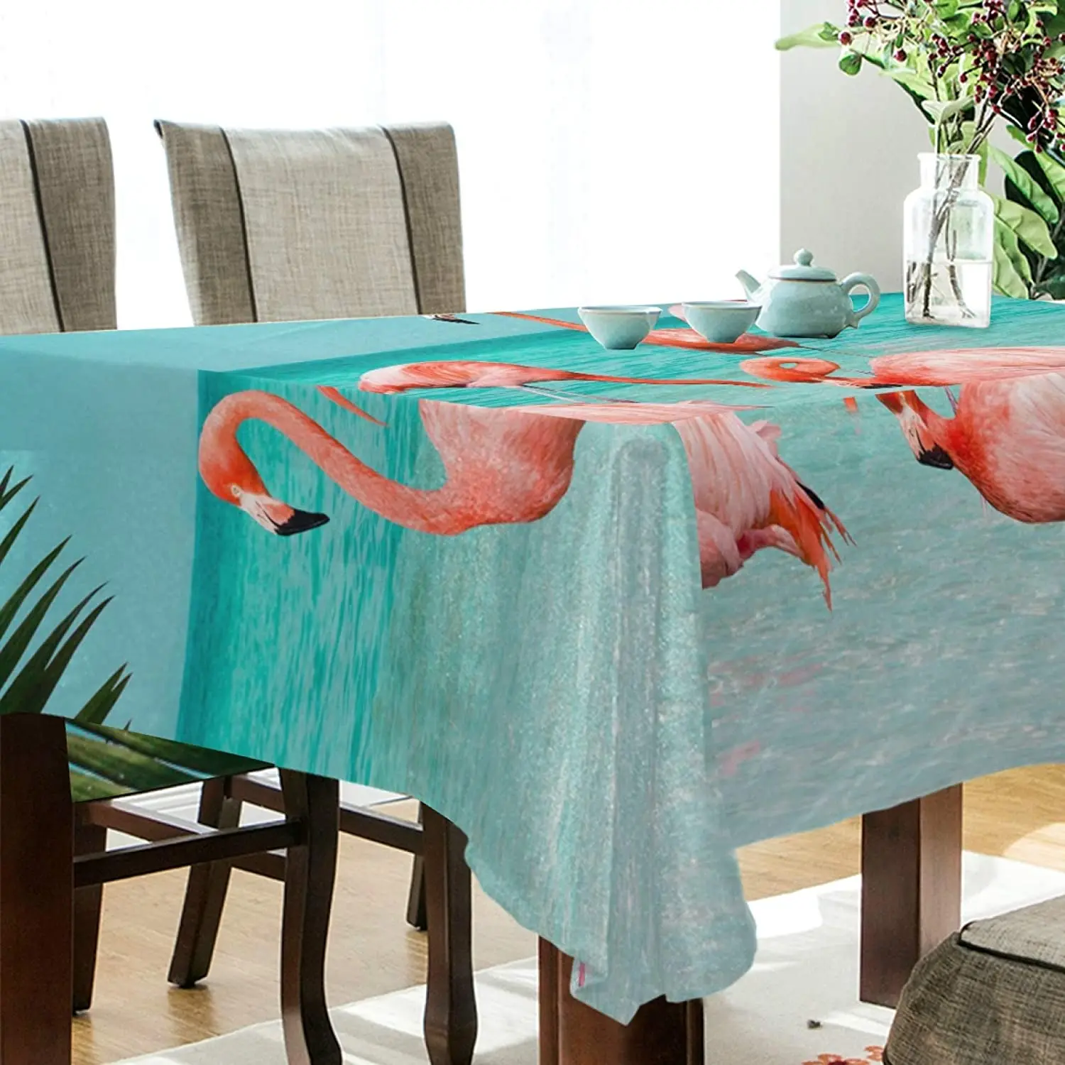 Скатерть с изображением фламинго пляжа пальмовых листьев для обеденного