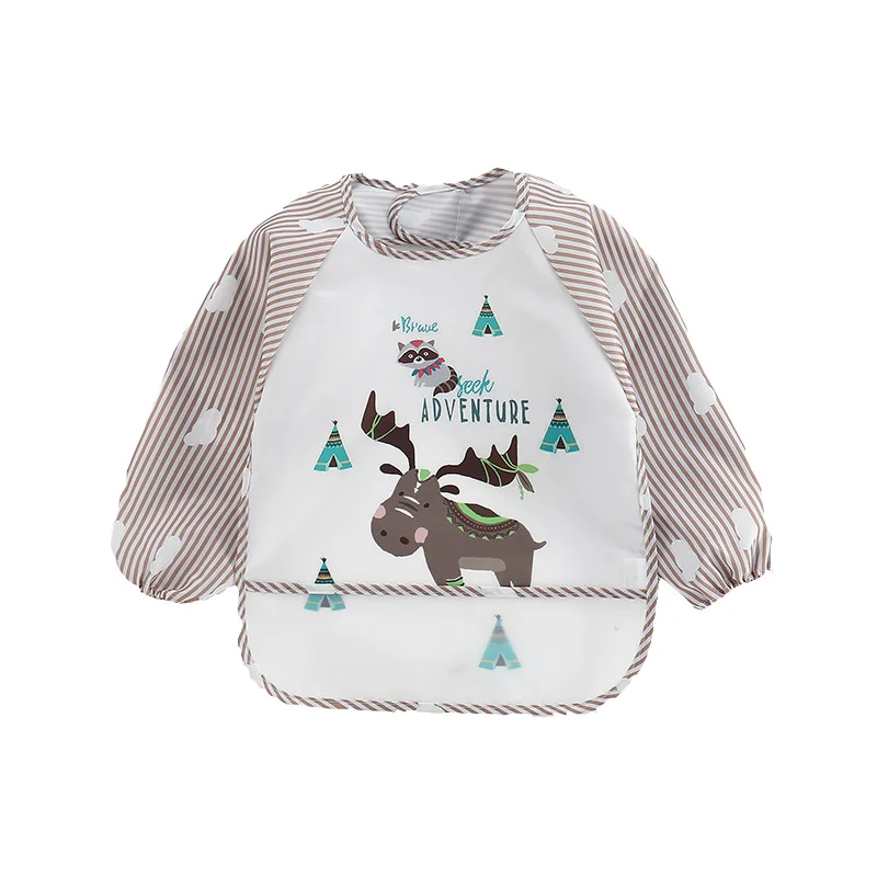 

Baby Bib Waterproof Wear Resistant Round Neck Long Sleeve Elastic Cuffs Cartoon Animal Print Cute Overalls