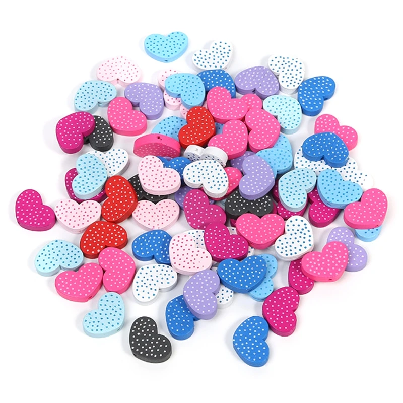 U90B 50 pcs Heart and Star Beads Colorful Heart Pattern Beads Wood Round Letter Beads